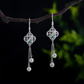 子佩集S990银【窗竹影摇】耳环【DSEH001】大师工坊原创作品花丝珐琅彩绿玉髓窗格2509