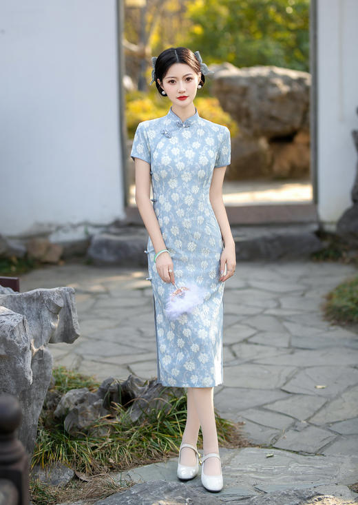 ZAYS-5215复合蕾丝长款旗袍2024春季新款时尚年轻少女风气质改良立领旗袍 商品图2