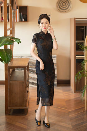 ZAYS-5211植绒旗袍2024春季改良年轻长款旗袍日常修身显瘦复古气质短袖旗袍