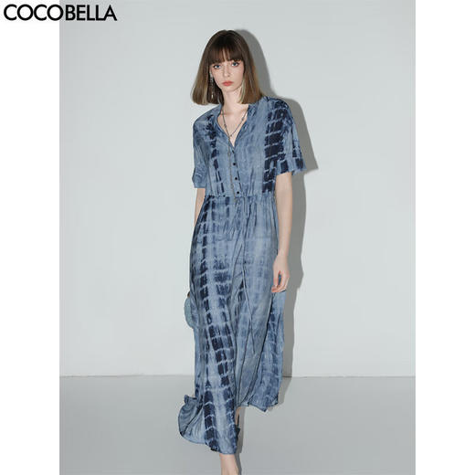 【限时秒杀】COCOBELLA手工扎染印花衬衫裙女夏气质通勤OL束腰连衣裙FR525B 商品图0