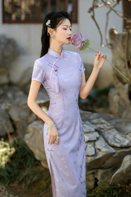 ZAYS-5207复合蕾丝紫色旗袍2024春季年轻款改良少女修身旗袍气质素雅旗袍 商品图3