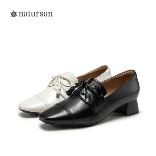 natursun小羊皮乐福鞋方头深口小皮鞋英伦粗跟单鞋女N24449055 商品图4