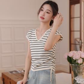 MUYANHUAN 冰丝抽绳V领显瘦针织短袖 | 亲肤透气 柔软有质感 简约百搭显气质 四色可选