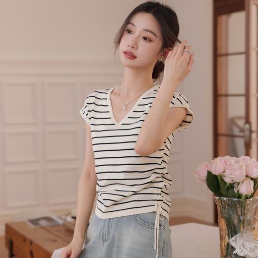 MUYANHUAN 冰丝抽绳V领显瘦针织短袖 | 亲肤透气 柔软有质感 简约百搭显气质 四色可选 商品图0