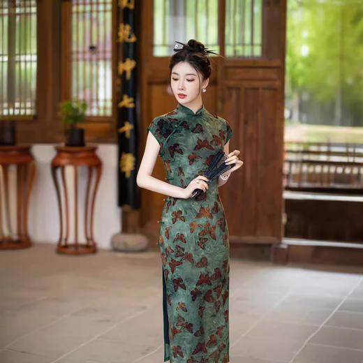 ZAYS-401植绒扎染旗袍2024夏季时尚年轻款修身老上海复古气质改良女装旗袍 商品图2