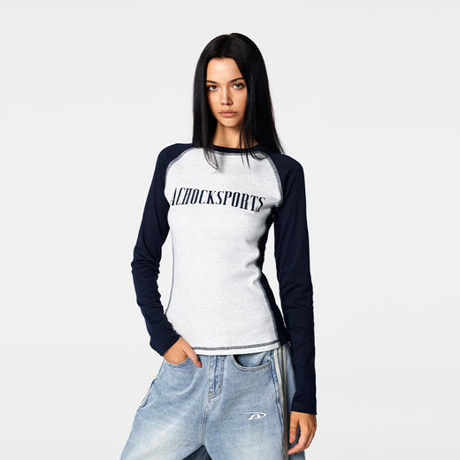 【Achock官方店】美式紧身长袖上衣女拼色正肩长袖T恤衫辣妹显瘦 商品图1