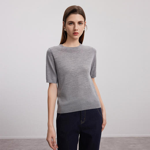 【多色短袖针织套衫】24年秋季新品女士100%羊毛圆领套头纯色薄款针织衫 商品图3