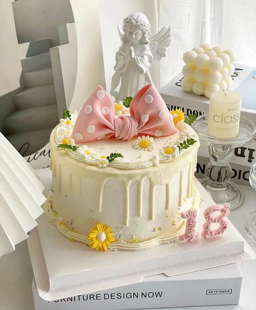 【臻品系列】---半翻糖【小雏菊粉色蝴蝶结】蛋糕