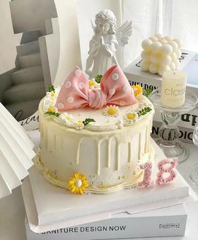 【臻品系列】---半翻糖【小雏菊粉色蝴蝶结】蛋糕