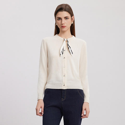 【丝巾+羊绒外套】羊绒世家秋冬新品女士100%山羊绒圆领针织开衫 商品图0