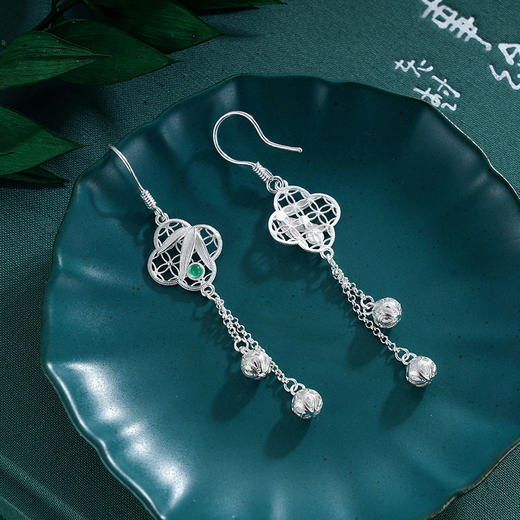 子佩集S990银【窗竹影摇】耳环【DSEH001】大师工坊原创作品花丝珐琅彩绿玉髓窗格2509 商品图9