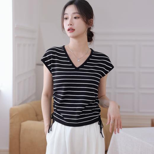 MUYANHUAN 冰丝抽绳V领显瘦针织短袖 | 亲肤透气 柔软有质感 简约百搭显气质 四色可选 商品图3