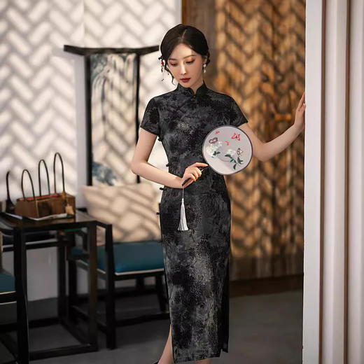 ZAYS-5125春夏长款植绒改良年轻旗袍日常修身雪尼尔短袖少女复古旗袍 商品图1