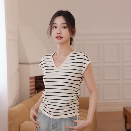 MUYANHUAN 冰丝抽绳V领显瘦针织短袖 | 亲肤透气 柔软有质感 简约百搭显气质 四色可选 商品图5