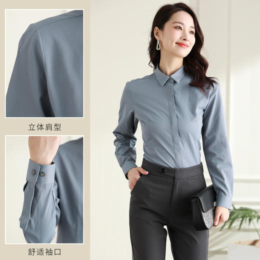 【40棉】罗蒙春秋女装长袖衬衫修身款暗门襟商务通勤职业OL上班衬衫 商品图5