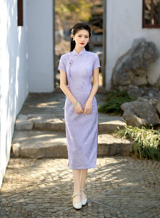 ZAYS-5207复合蕾丝紫色旗袍2024春季年轻款改良少女修身旗袍气质素雅旗袍 商品图0