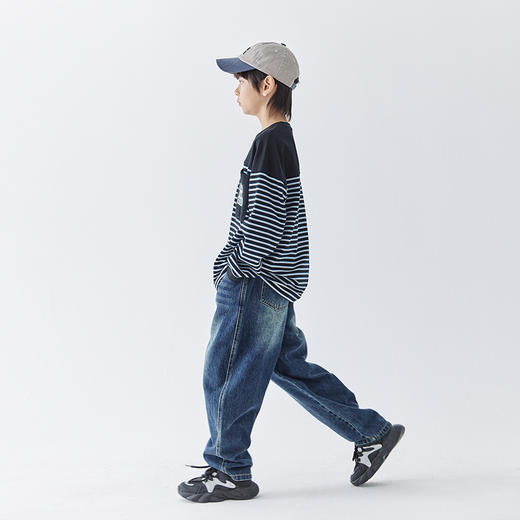 蓝汽水2024秋款经典磨白牛仔裤男童口袋印花中大童休闲长裤亲子装 商品图4