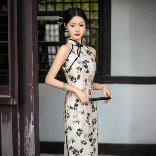 ZAYS-1903夏季改良挂脖天丝麻双层长旗袍老上海气质年轻款旗袍 商品图2