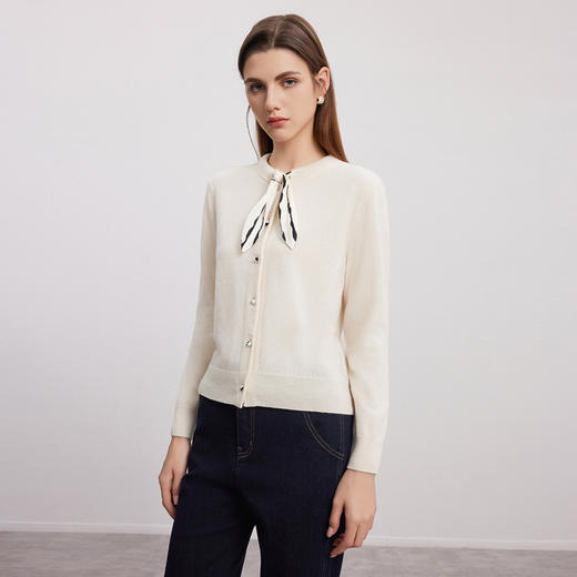 【丝巾+羊绒外套】羊绒世家秋冬新品女士100%山羊绒圆领针织开衫 商品图1