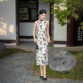 ZAYS-1903夏季改良挂脖天丝麻双层长旗袍老上海气质年轻款旗袍
