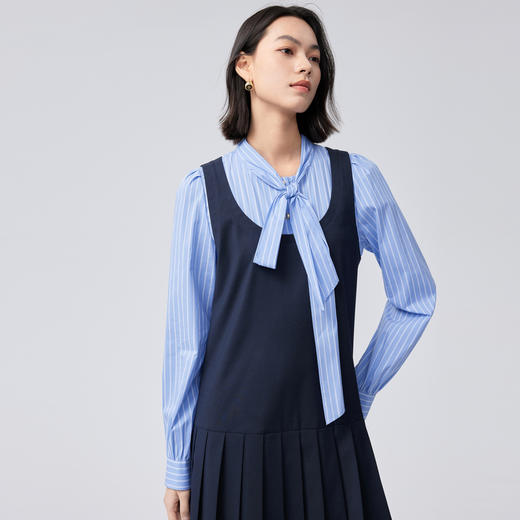 【严选】伊芙丽假两件大蝴蝶结系带领miu风连衣裙2024秋装新款学院套装1F8992561 商品图4