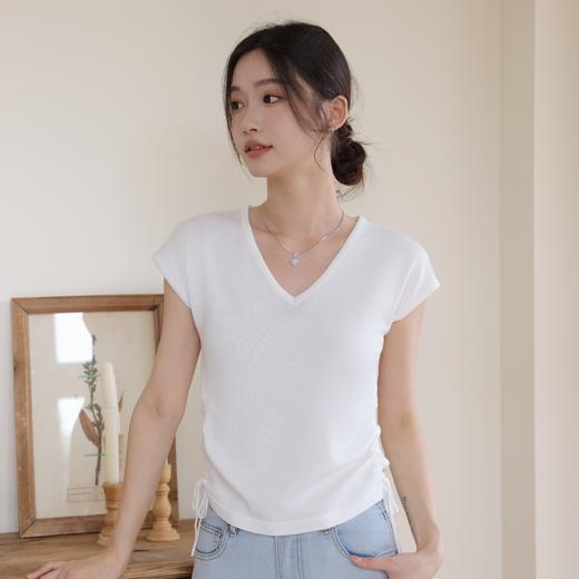 MUYANHUAN 冰丝抽绳V领显瘦针织短袖 | 亲肤透气 柔软有质感 简约百搭显气质 四色可选 商品图2