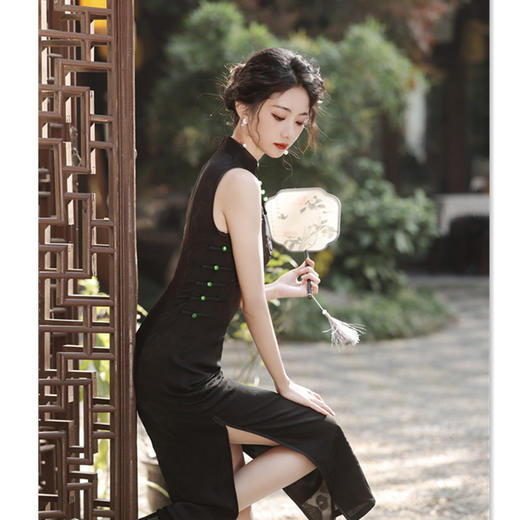 复古国风改良新中式长款无袖旗袍2024春夏新款黑色修身旗袍SYK179152 商品图3