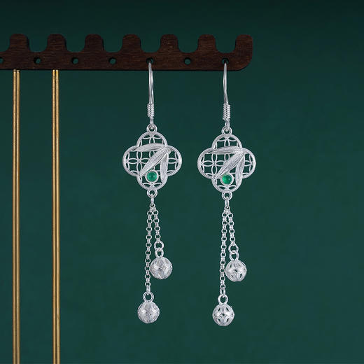 子佩集S990银【窗竹影摇】耳环【DSEH001】大师工坊原创作品花丝珐琅彩绿玉髓窗格2509 商品图3