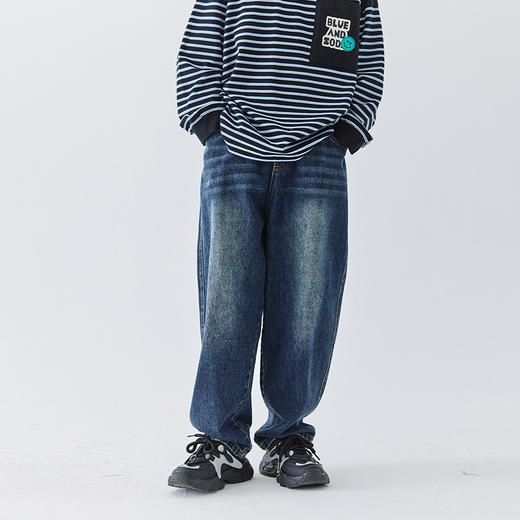 蓝汽水2024秋款经典磨白牛仔裤男童口袋印花中大童休闲长裤亲子装 商品图1