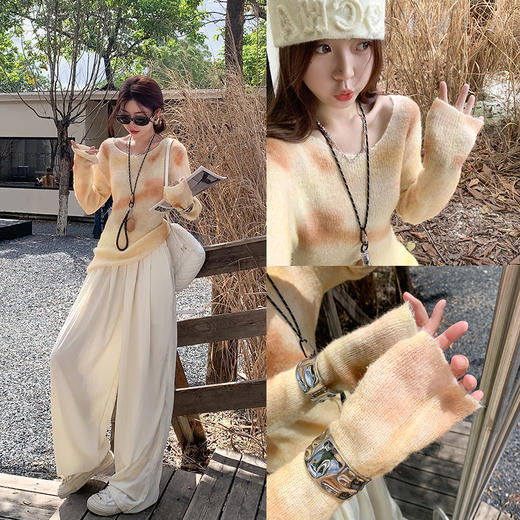 <曾小咸推荐>【里斯本落日】黄咖撞色长袖毛织上衣 商品图0