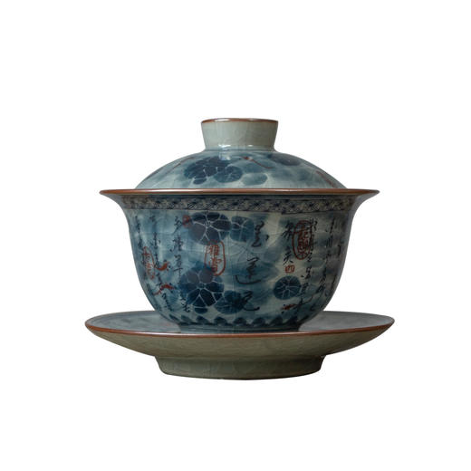 茶香记  老陶泥青花三才盖碗 爱莲说 古雅文气 开片可养 文人器 趁手实用 商品图4