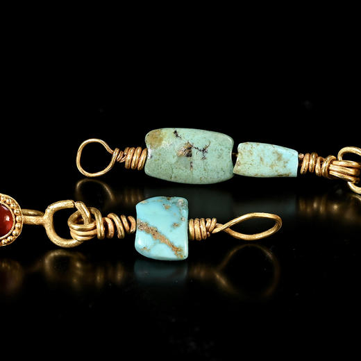 战国原装绿松石红玛瑙不对称金耳环 商品图5