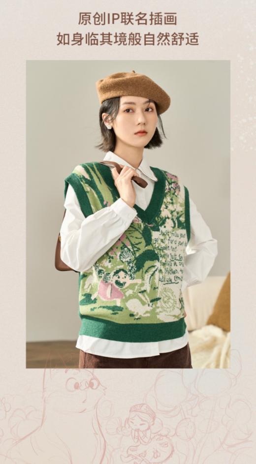 👍👍【岚可可茵曼同款田园v领针织套头马甲】💨1、空间感基础背心版型，加入撞色田园风提花图案点缀，🉐️减龄时髦！  商品图0