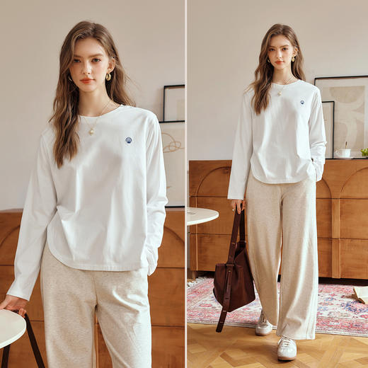 
OLrain欧芮儿纯棉白色长袖T恤女秋季2024年新款圆领刺绣休闲上衣 商品图1