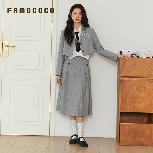 Famecoco范可儿套装学院风半身长裙西装领短款上衣外套女FAB6EA030 商品图0