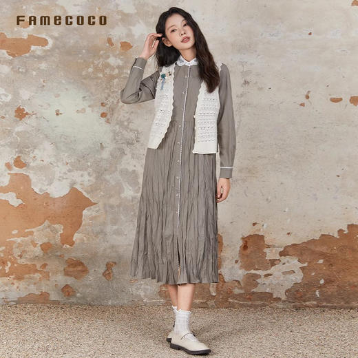 Famecoco范可儿马夹纯色针织设计感花边外穿马甲通勤女装秋FAB6CA004 商品图3