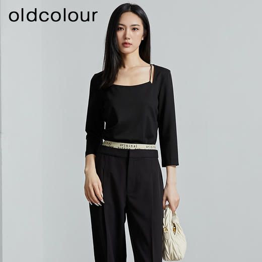 oldcolour春秋季新款百搭时尚纯色方领九分袖打底衫上衣女P320204A1 商品图0
