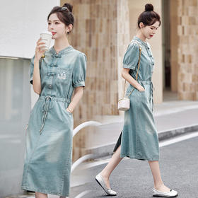 新中式国风牛仔连衣裙2024夏季款时尚洋气薄款收腰显瘦短袖裙子YINXXA615