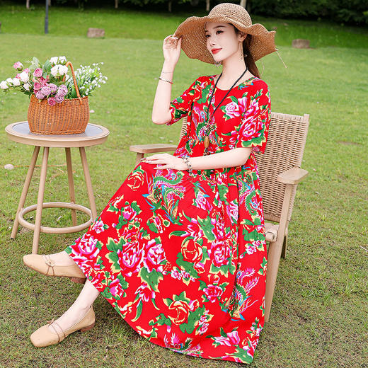 HS-01棉绸连衣裙女夏天大码气质宽松胖妈妈遮肚显瘦纯色休闲棉麻长裙子 商品图3