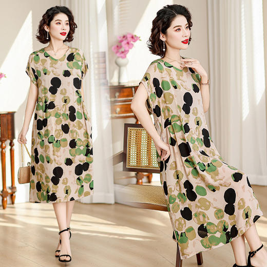 HS-318yx棉绸连衣裙女夏装人造棉短袖大码印花长裙子 商品图0