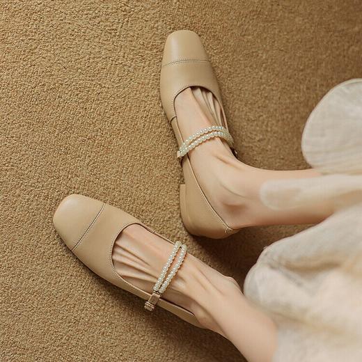 【预售5天】新款牛皮浅口单鞋女方头韩版时髦珍珠链条玛丽珍鞋通勤方跟鞋WC&M2645 商品图5