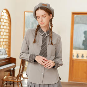 Famecoco范可儿学院风衬衫带领带格纹翻领拼接打底上衣F228BH004