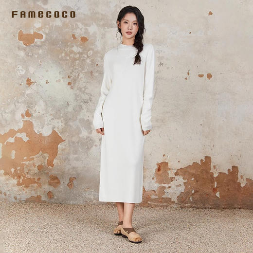 Famecoco范可儿连衣裙含羊毛纯色圆领刺绣H型文艺长裙女FAB6FA032 商品图1