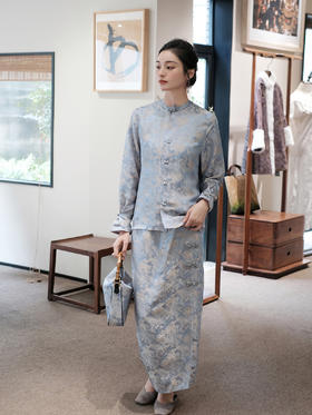 盛唐牡丹 |真丝提花女上衣&串珠琵琶扣半裙套装