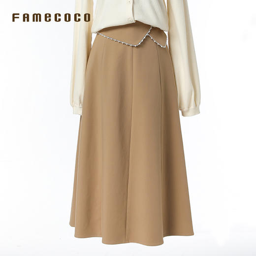 Famecoco范可儿半身裙纯色珍珠边长款A字型摆裙文艺女装秋FAB6HA007 商品图4