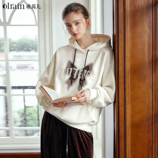 OLrain欧芮儿杏色套头连帽卫衣女秋季2024年新款宽松休闲减龄上衣 商品图0
