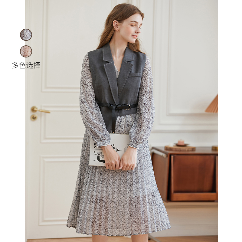 Famecoco范可儿女士优雅套装裙秋季碎花连衣裙西装马甲两件套套装F225EA006