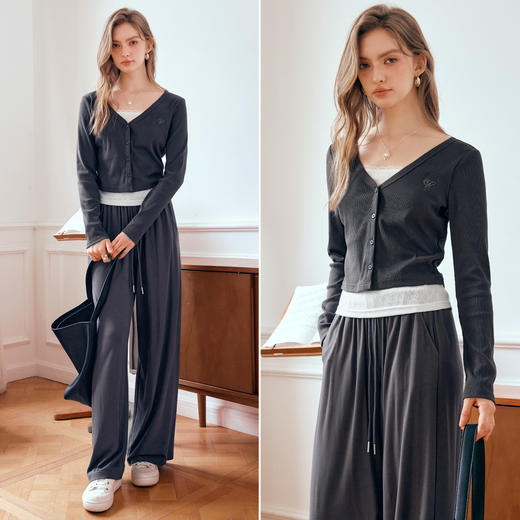 
OLrain欧芮儿灰色休闲套装女秋季2024新款假两件T袖休闲裤两件装 商品图3