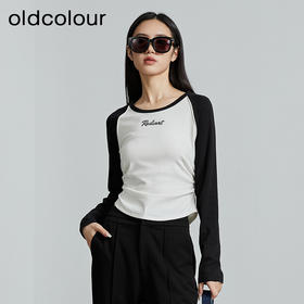oldcolour秋季新款美式插肩T恤女复古圆领长袖上衣P330202A1