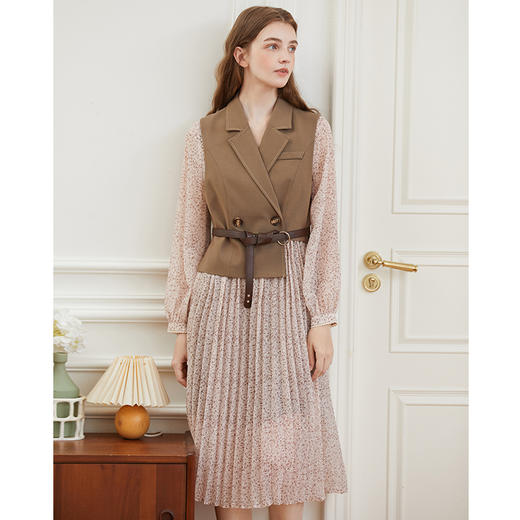 Famecoco范可儿女士优雅套装裙秋季碎花连衣裙西装马甲两件套套装F225EA006 商品图3